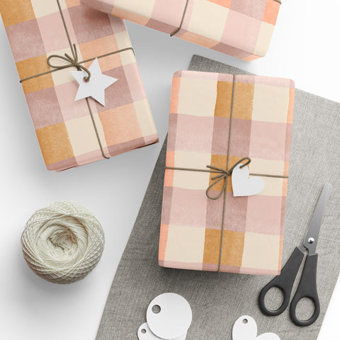 Peach Gingham Wrapping Paper, Pastel Checkered Wrapping Paper, Simple Gift Wrap Roll, Modern Checked Wrapping Paper, Peach Plaid