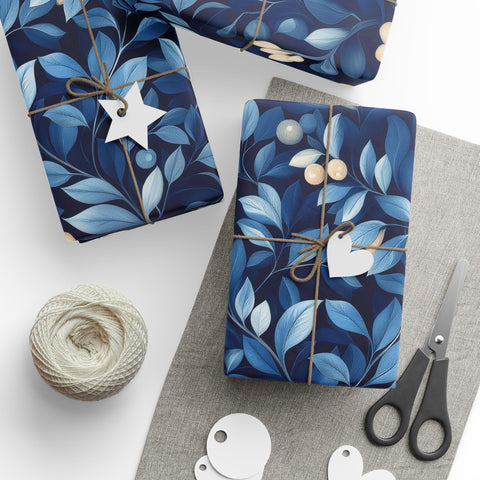 Blue Christmas Wrapping Paper Roll, William Morris Inspired, Matte or Glossy, Holiday Flowers Holiday Gift Wrap, Holiday Gifts