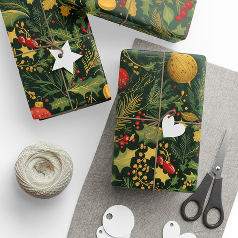 William Morris Christmas Inspired Wrapping Paper Roll, Matte or Glossy, Holly Mistletoe Greenery Flowers Holiday Gift Wrap, Holiday Gifts