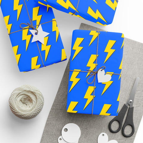 Lightning Bolt Wrapping Paper | Blue Yellow Thunder Lightning Print Gift Wrap | Premium Children's Boys Birthday