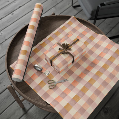 Peach Gingham Wrapping Paper, Pastel Checkered Wrapping Paper, Simple Gift Wrap Roll, Modern Checked Wrapping Paper, Peach Plaid