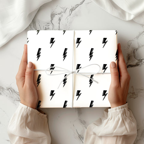 Black White Lightning Wrapping Paper | Comic Noir Thunder Lightning Print Gift Wrap | Premium Birthday Wrapping Paper