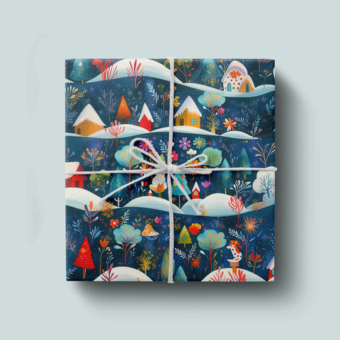 Christmas Wrapping Paper / Blue Igloo Giftwrap / Christmas Tree Gift Wrap / Festive Holiday Present Paper