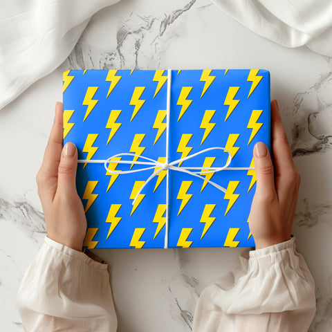 Lightning Bolt Wrapping Paper | Blue Yellow Thunder Lightning Print Gift Wrap | Premium Children's Boys Birthday