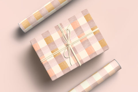 Peach Gingham Wrapping Paper, Pastel Checkered Wrapping Paper, Simple Gift Wrap Roll, Modern Checked Wrapping Paper, Peach Plaid