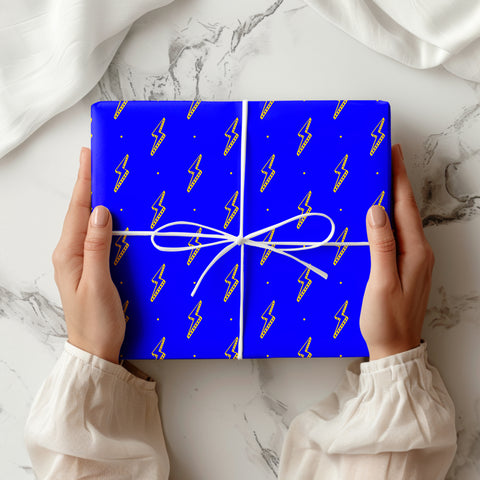 Lightning Bolt Wrapping Paper | Blue Yellow Thunder Lightning Print Gift Wrap | Premium Children's Boys Birthday