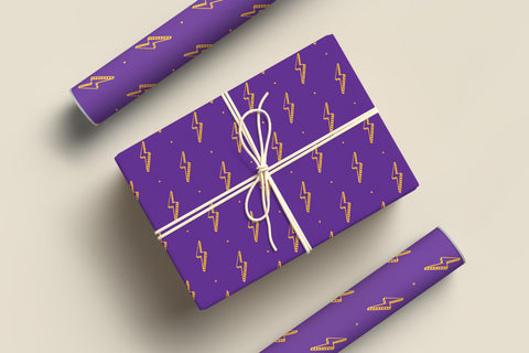 Lightning Bolt Wrapping Paper | Purple Yellow Thunder Lightning Print Gift Wrap | Premium Children's Boys Birthday