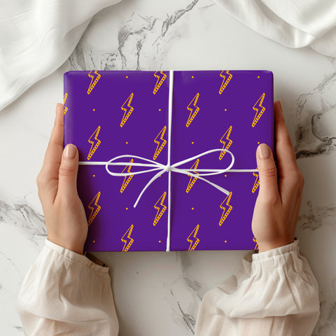 Lightning Bolt Wrapping Paper | Purple Yellow Thunder Lightning Print Gift Wrap | Premium Children's Boys Birthday