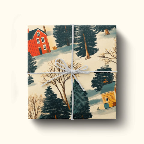 Christmas Gift Wrap / Snowy Village Gift Wrap / Snowy Xmas Wrapping Paper / Festive Holiday Painting