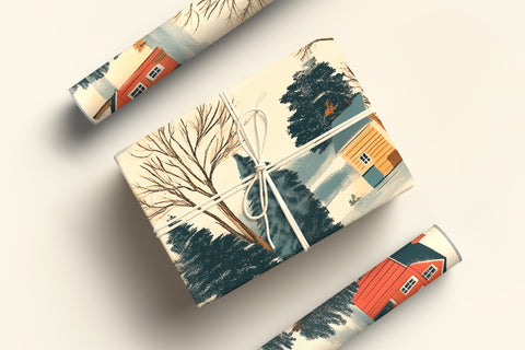 Christmas Gift Wrap / Snowy Village Gift Wrap / Snowy Xmas Wrapping Paper / Festive Holiday Painting