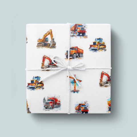 Illustrated Construction Truck Bulldozer Wrapping Paper | Yellow Truck Bulldozer Print Gift Wrap | Premium Children's Boys Birthday